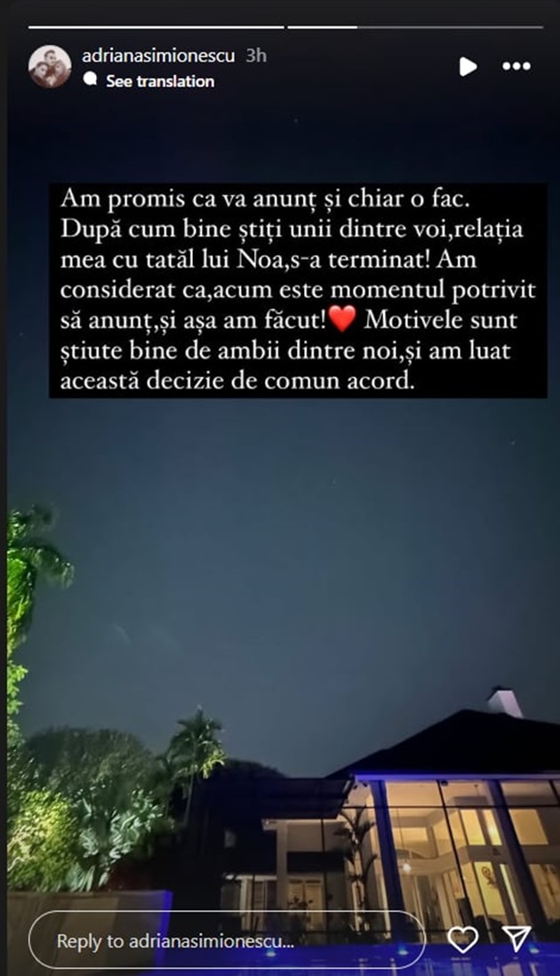Mesajul postat de Adriana Simionescu pe Instagram, prin care și-a anunțat divorțul de tatăl fiicei sale