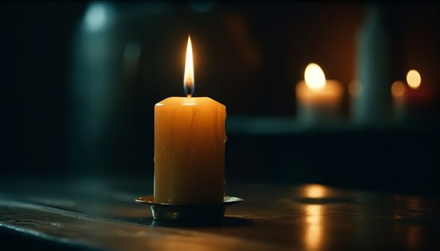 Lumânare galbenă care arde, așezată o masă de culoare închisă