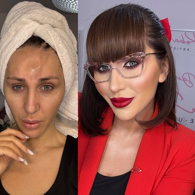 Colaj de imagini cu Dana Roba nemachiată, cu prosopul în cap, versus machiată și aranjată