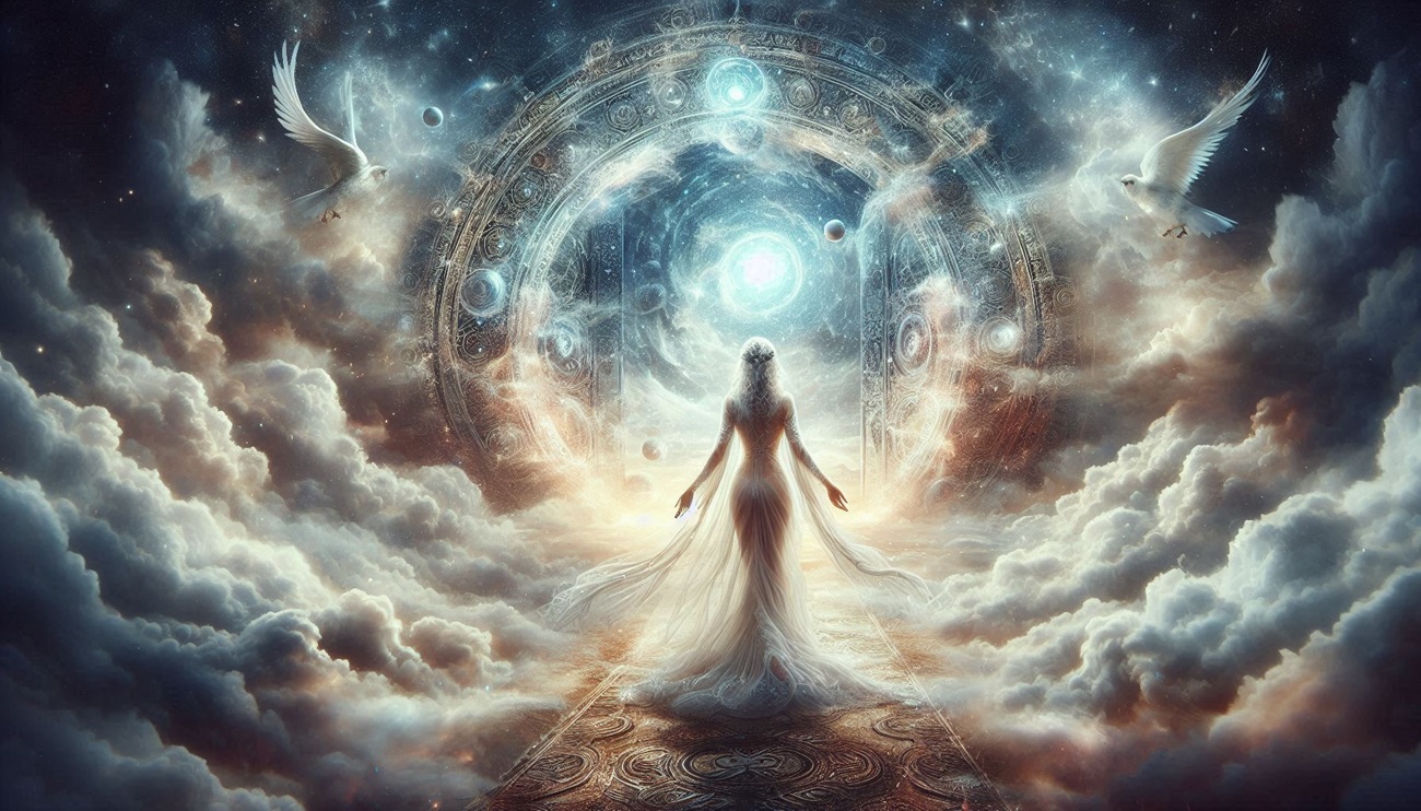 Ilustrație cu o femeie care pășește spre un portal magic deschis în cer, printre nori
