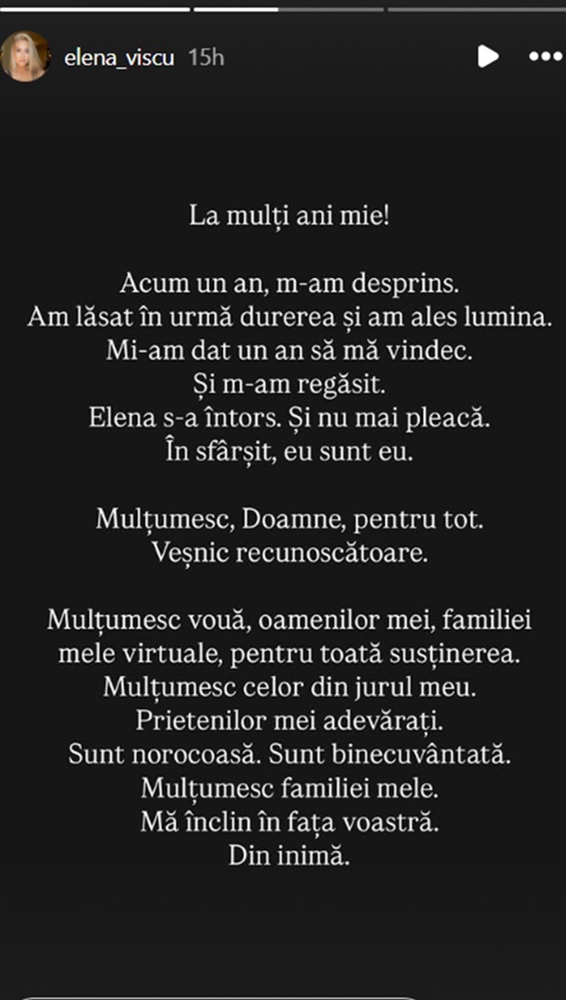 Mesajul postat de Elena Vîșcu pe Instagram, la un an de la divorț