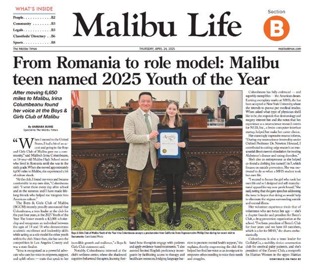 Articolul despre Irina Columbeanu din ziarul The Malibu Times