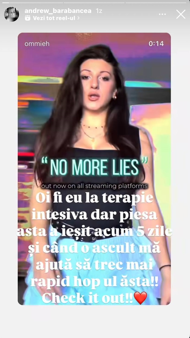 Mesajul postat de Andrew Barabancea pe InstaStory, de la Terapie Intensivă