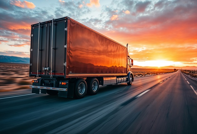 Camion care merge pe o autostradă, la apus