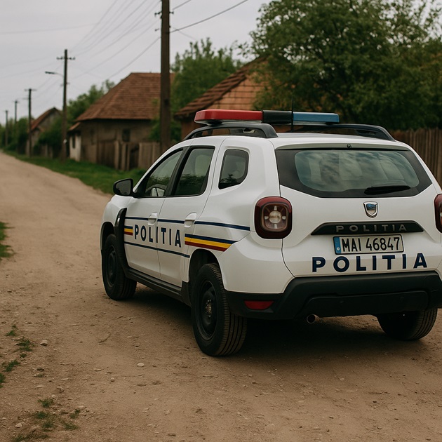 Ilustrație mașină de poliție pe o stradă dintr-o zonă rurală