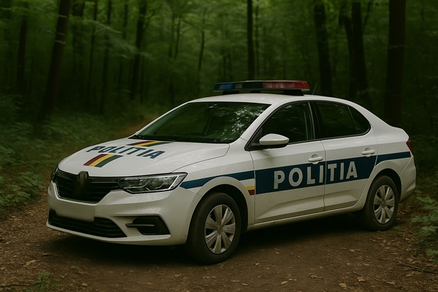 Ilustrație cu o mașină de poliție în pădure