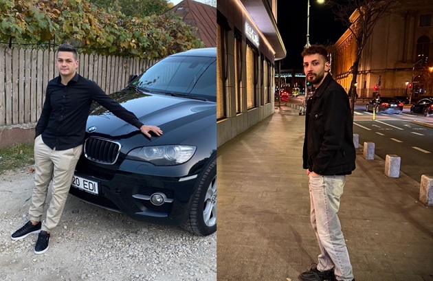 Eduard Ionuț sprijinindu-se de mașina sa de culoare neagră și Narcis George, stând cu mâinile în buzunar - imagini cu tinerii carbonizați în accidentul din Vâlcea, din 29 iunie 2025
