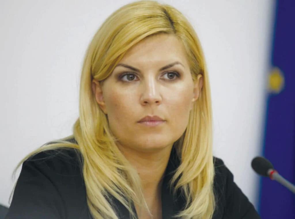Elena Udrea serioasă, îmbrăcată în negru, cu părul aranjat pe o parte și dat după urechi