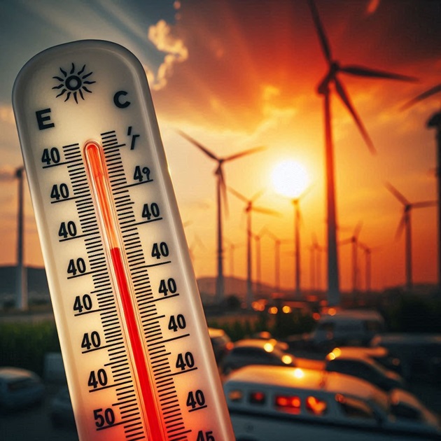 Termometru care indică temperaturi ridicate și care este poziționat într-o parcare plină cu mașini încinse de soarele puternic