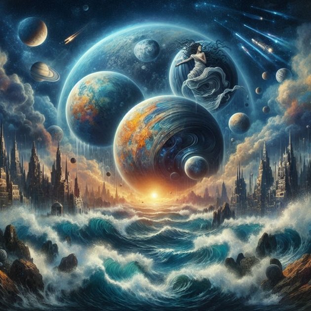 Ilustrație fantezistă a cerului plin de planete care se îmbină cu pământul și cu apele