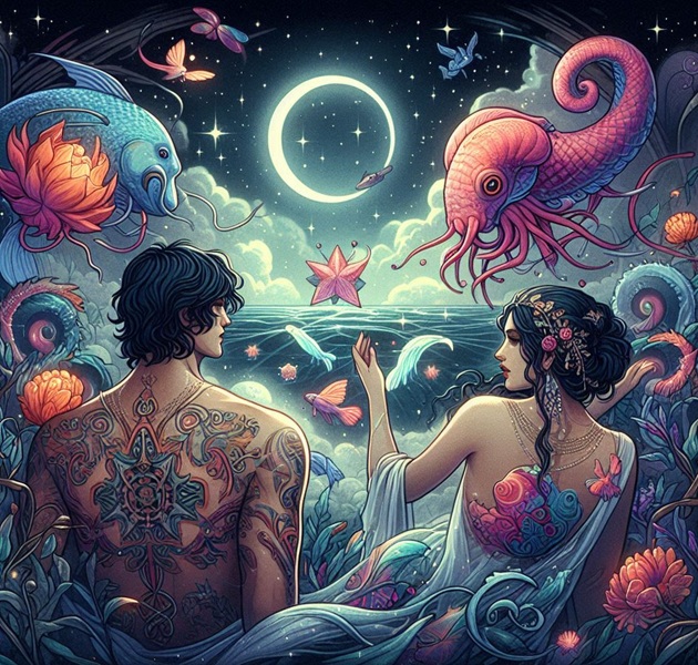 Ilustrație fantezistă cu un cuplu care privește marea și cerul, fiind înconjurat de ființe acvatice zburătoare
