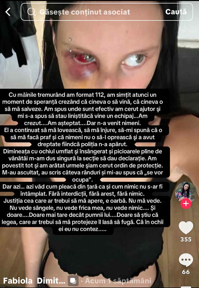 Captură a unei postări făcute de Fabiola Dimitrov pe Tiktok, în care și-a făcut publică povestea și a acuzat Poliția Română că nu i-a oferit ajutor