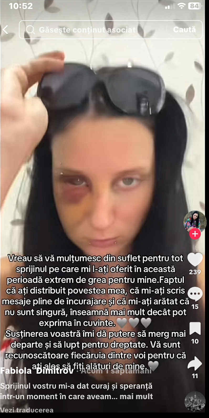 Captură a unei postări făcute de Fabiola Dimitrov pe Tiktok, în care le mulțumește urmăritorilor ei pentru susținere și încurajări