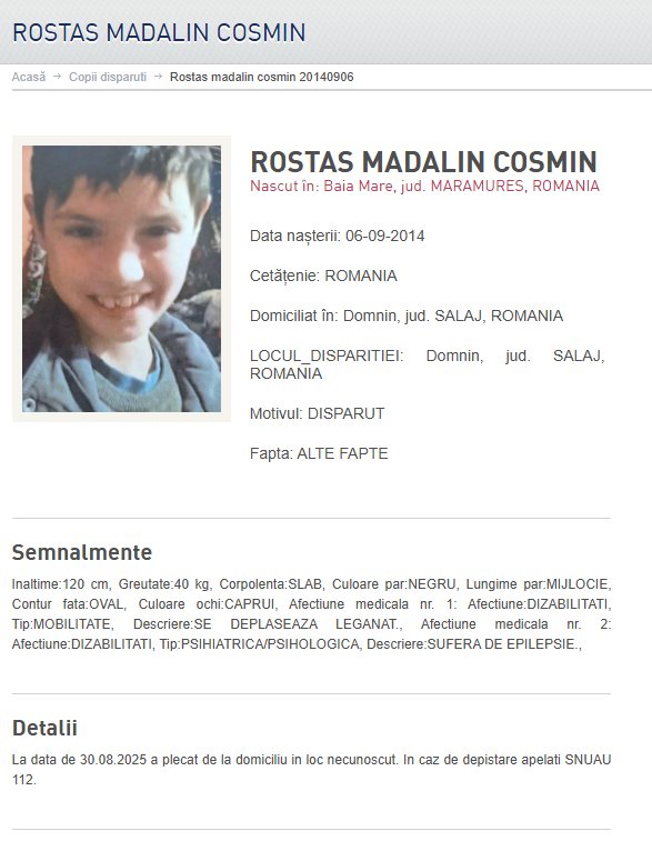 Semnalmentele lui Rostaș Mădălin Cosmin, băiatul de 11 ani din Sălaj care a dispărut de la domiciliu pe 30 august 2025