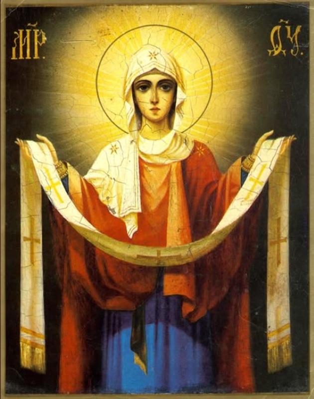 Ilustrație Maica Domnului în lumină, ținând în mână acoperământul din celebra scenă religioasă celebrată pe 1 octombrie