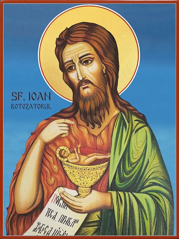 Icoană cu Sf&acirc;ntul Ioan Botezătorul care ține &icirc;n m&acirc;nă un cazan de botez, &icirc;n care se află M&acirc;ntuitorul Iisus Hristos