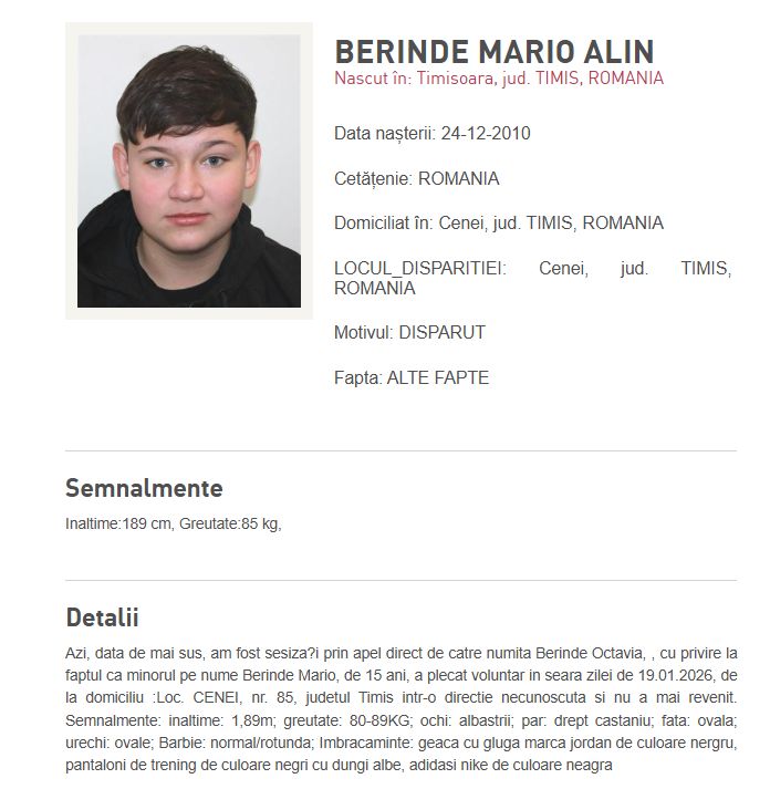 Documentul care arată detalii despre Alin Mario Berinde și ziua dispariției de acasă