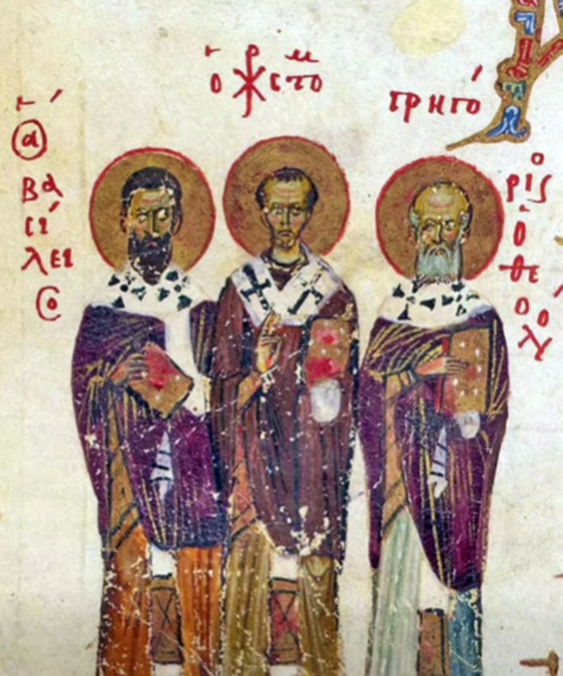 Pictură veche cu Sfinții trei ierarhi, Vasile cel Mare, Grigorie Teologul și Ioan Gură de Aur