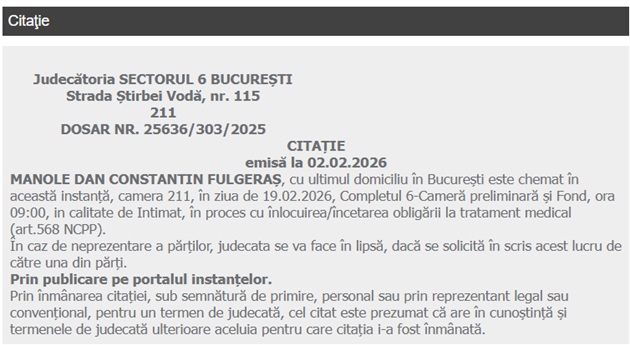Citația pentru Fulgy de la Clejani, publicată pe 2.02.2026 pe portalul instanțelor de judecată