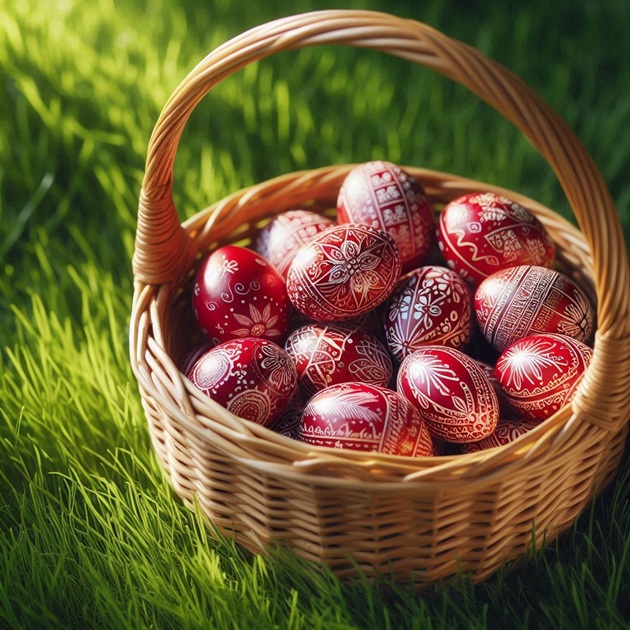 Ouă roșii pictate cu motive tradiținale rom&acirc;nești, așezate &icirc;ntr-un coș &icirc;mpletit din nuiele, cu m&acirc;ner, pus pe iarbă