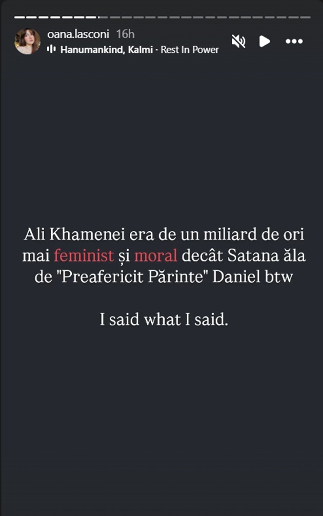 Mesajul postat de Oana Lasconi pe Instagram, despre Ali Khamenei&nbsp;