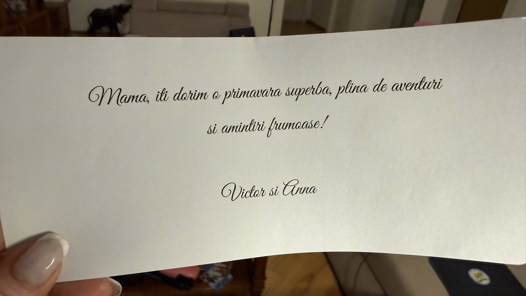 Mesajul care a &icirc;nsoțit buchetul de flori primit de Marina Almășan de la fiul și nora ei, sabiliți &icirc;n Dubai