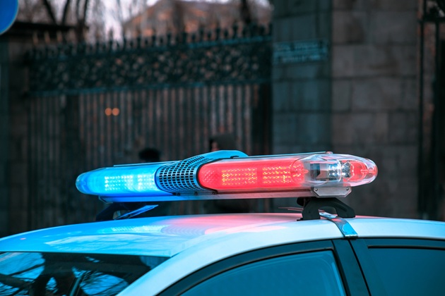 Mașină de poliție cu girofarele aprinse pe stradă, în fața unei porți negre