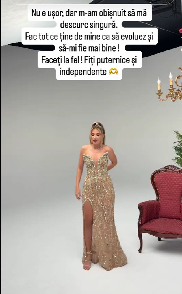 Postarea Claudiei Puican cu imagini cu ea &icirc;n rochie aurie de seară, cu paiete, pe care a scris mesajul ce a st&acirc;rnit speculații despre divorț