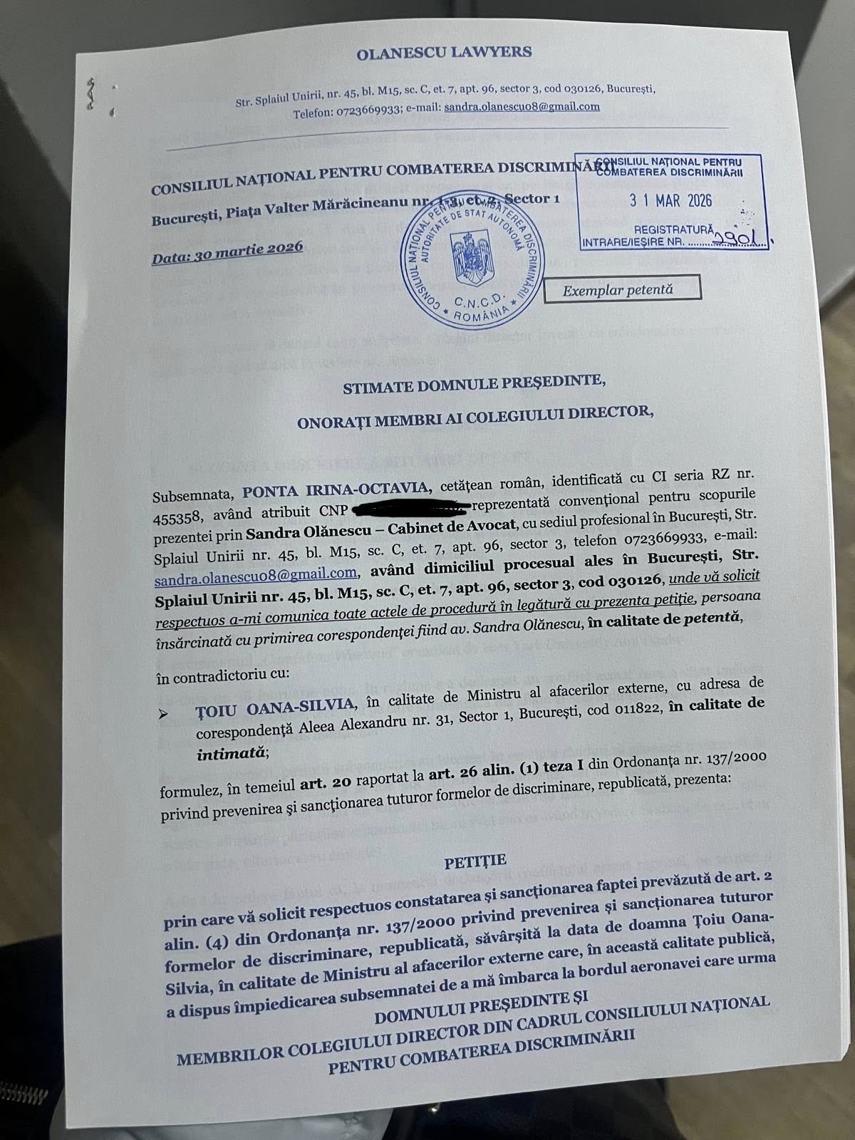 Sesizarea făcută de Victor Ponta și de fiica sa la Consiliul Național pentru Combaterea Discriminării &icirc;mpotriva Oanei Țoiu,&nbsp;ministra&nbsp;de externe