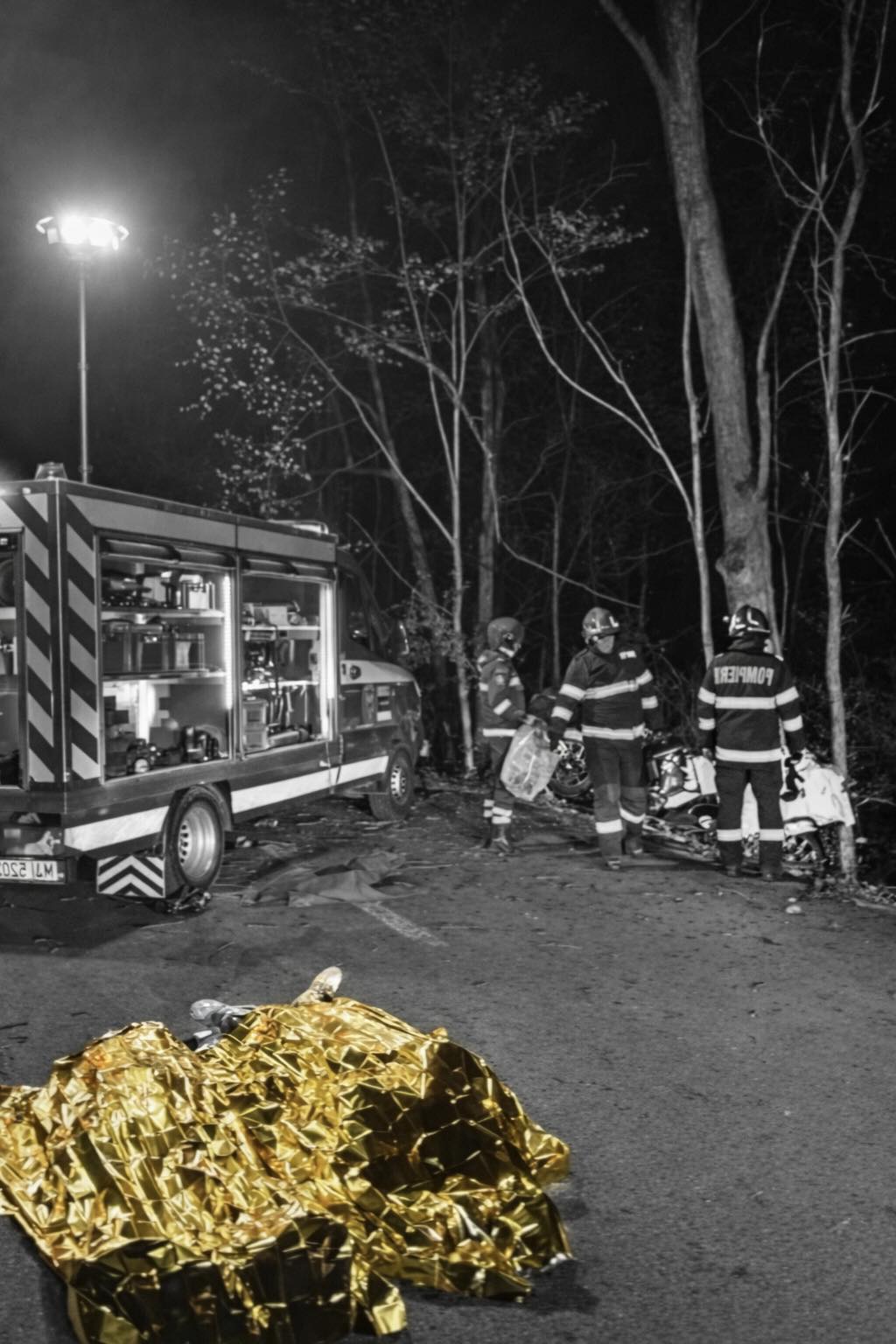 Imagine surprinsă la locul accidentului din 12 aprile 2026 în localitatea Ciolpani, unde un copac a căzut peste mașina în care se aflau doi tineri de 20 de ani