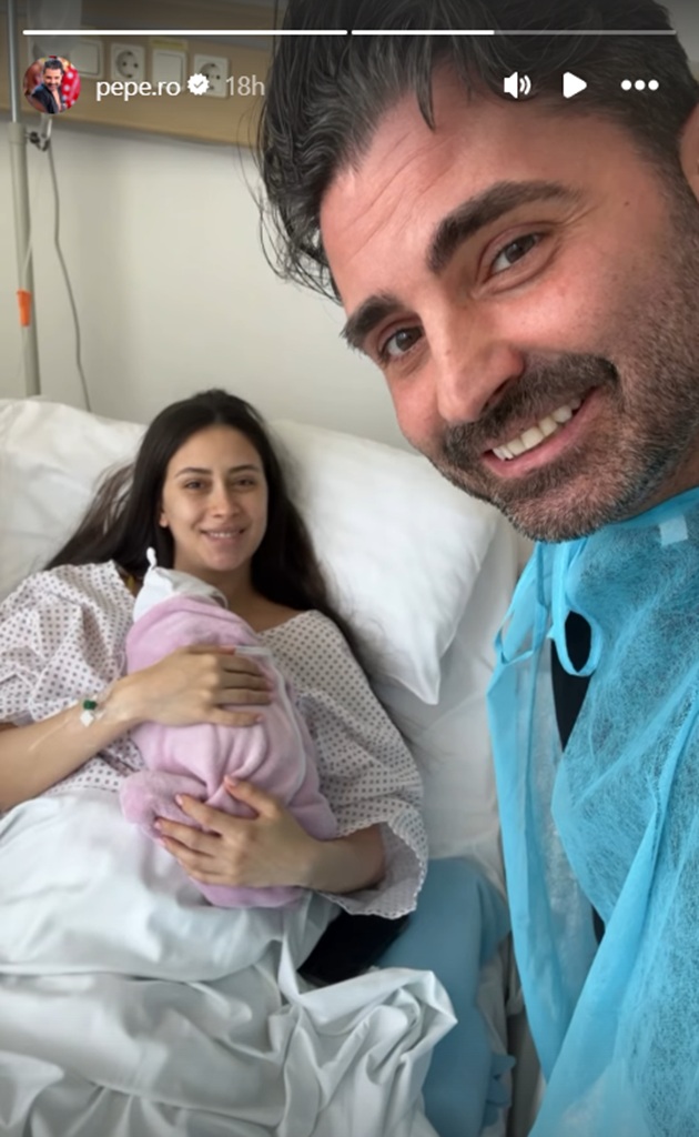 Pepe alături de soția sa, Yasmine Pascu, aflată pe patul de spital, &icirc;n timp ce o ține la piept pe fiica lor nou-născută