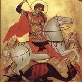 Sf&acirc;ntul Gheorghe călare pe cal, cu sulița &icirc;n m&acirc;nă