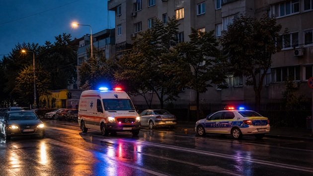 Ilustrație cu o ambulanță și o mașină de poliție pe o stradă dintr-un oraș, &icirc;ntr-o dimineață ploioasă
