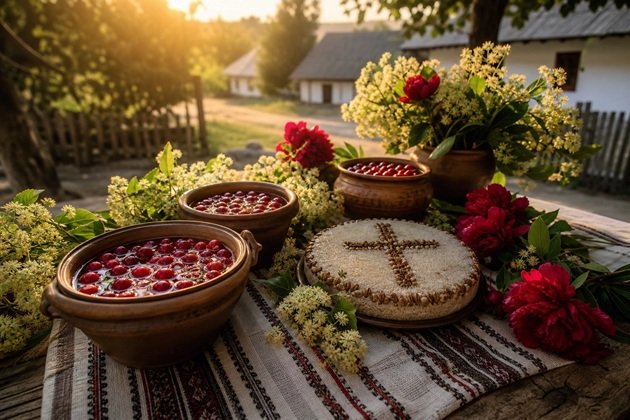 Colivă și vase cu cireșe așezate pe o masă acoperită cu o față de masă cu motive tradiționale