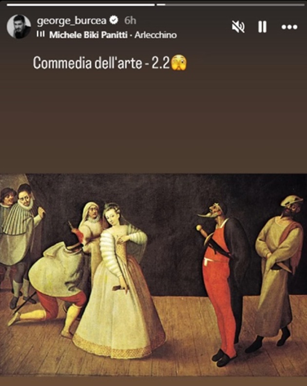 Imaginea postată de George Burcea pe InstaStory &icirc;n ziua &icirc;n care s-au căsătorit Andreea Bălan și Victor Cornea, care ilustrează conceptul de commedie dell'arte