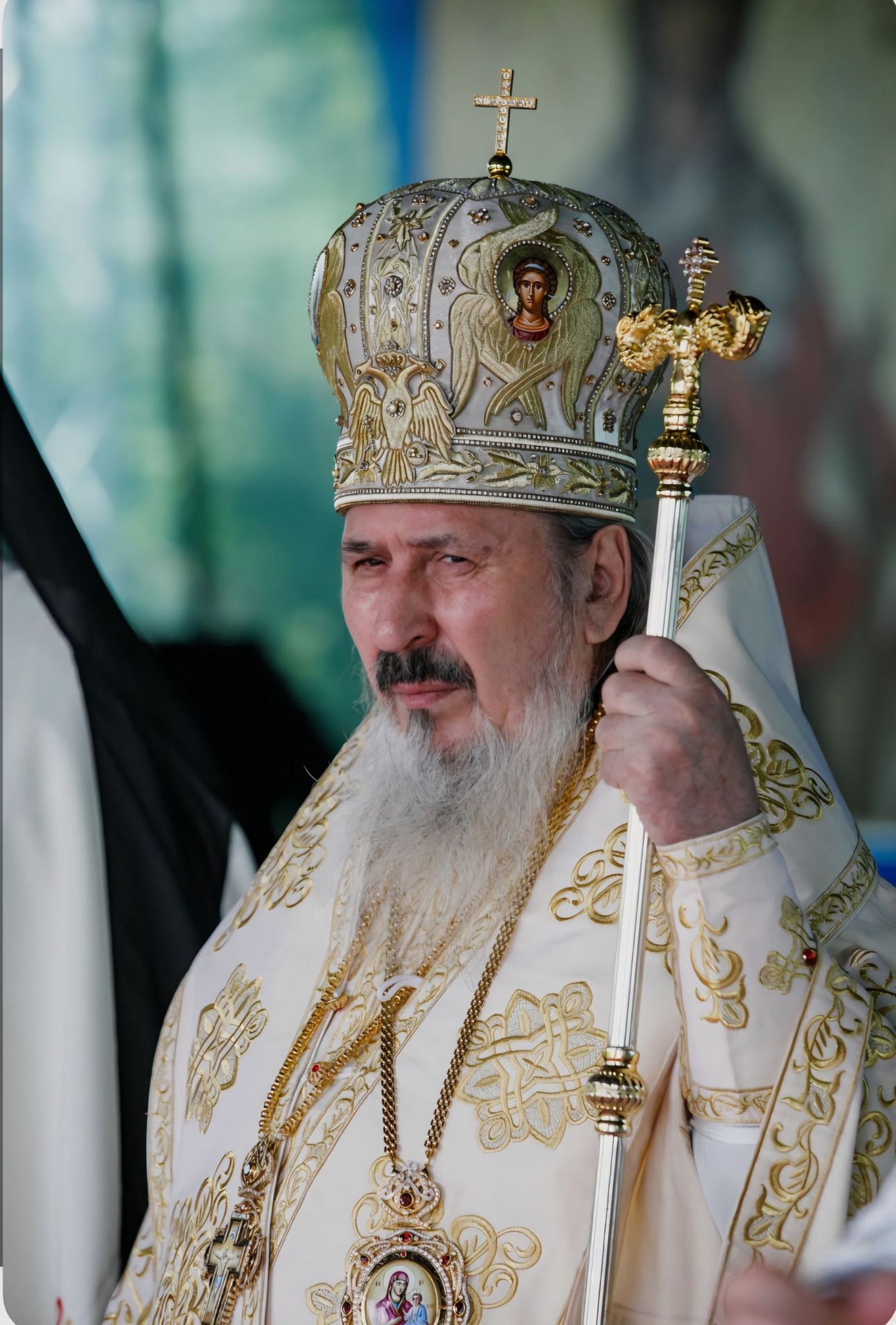 &Icirc;naltpreasfințitul Petru din funcția de Arhiepiscop al Chișinăului, Mitropolit al Basarabiei și Exarh al Plaiurilor, &icirc;mbrăcat &icirc;n straie bisericești, cu o icoană la g&acirc;t, țin&acirc;nd un sceptru &icirc;n m&acirc;nă