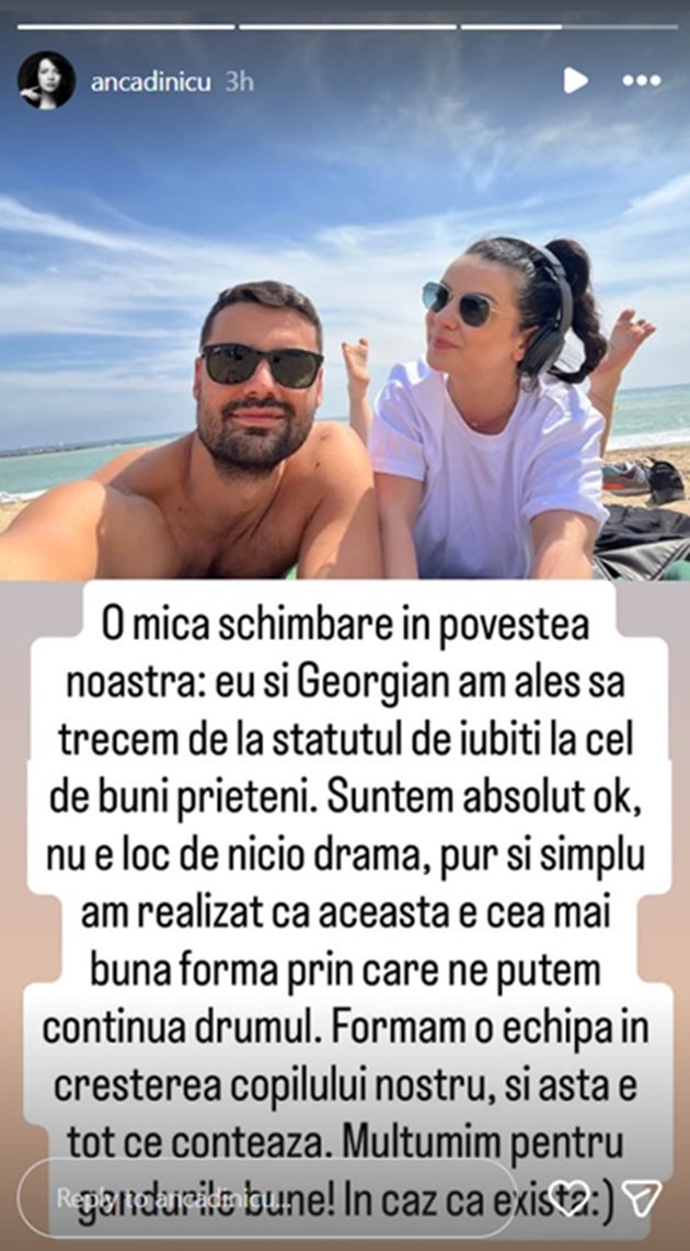 Imaginea postată de Anca Dinicu alături de mesajul prin care a anunțat despărțirea de tatăl copilului ei, Georgian Păun