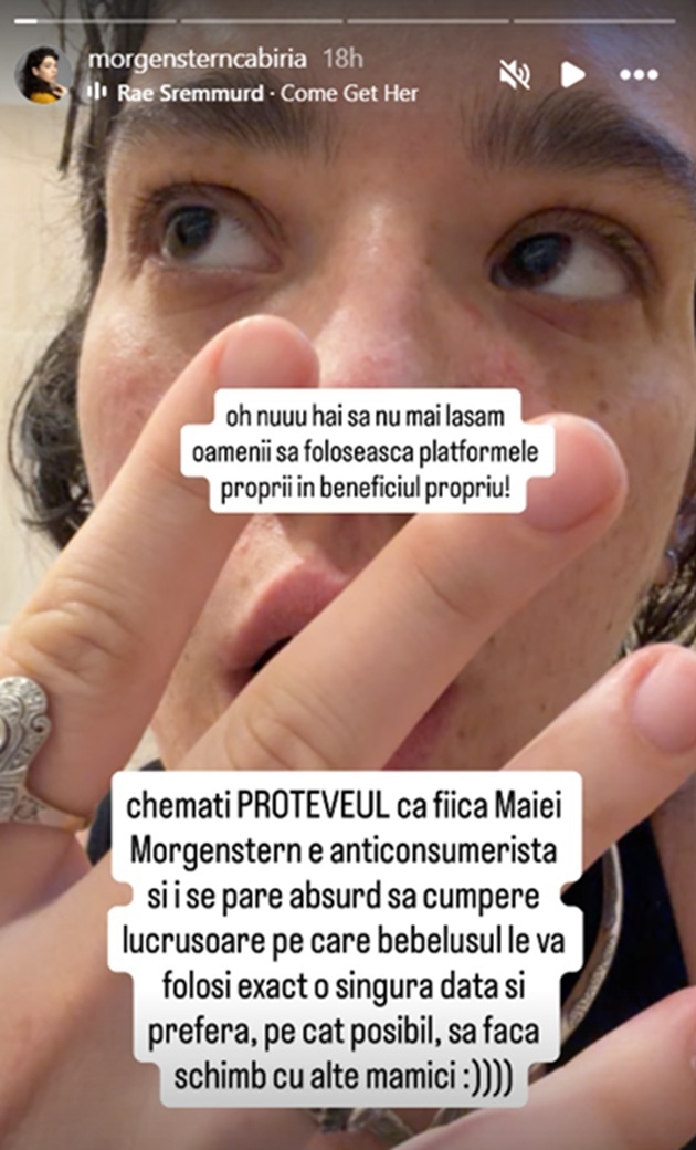 Cabiria&nbsp;Morgenstern pun&acirc;ndu-și m&acirc;na la gură, șocată de mesajele primite după ce cerut lucruri pentru copil pe internet și explic&acirc;nd de ce a făcut asta