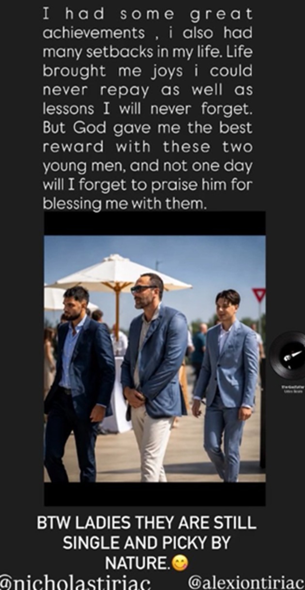 Imaginea și mesajul postate la InstaStory de Alexandru Țiriac cu și despre băieții lui, Alexandru și Nicholas