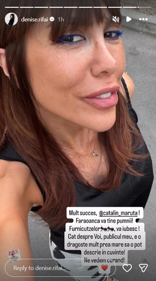 Selfie-ul postat de Denise Rifai pe Instagram, prin intermediul căruia i-a transmis un mesaj lui Cătălin Măruță, care preia cârma emisiunii pe care a moderat-o ea la Antena 1