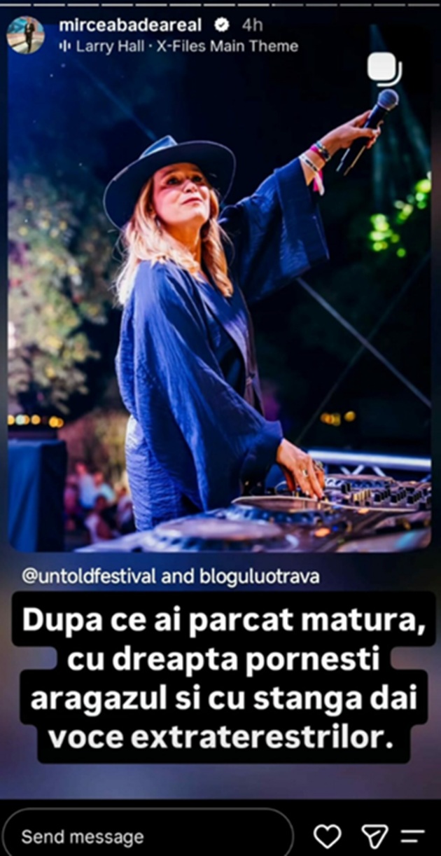 Poza cu Andreea Esca postată pe InstaStory de Mircea Badea și mesajul pe care l-a scris despre ea, în care i-a ironizat ținuta de la UNTOLD