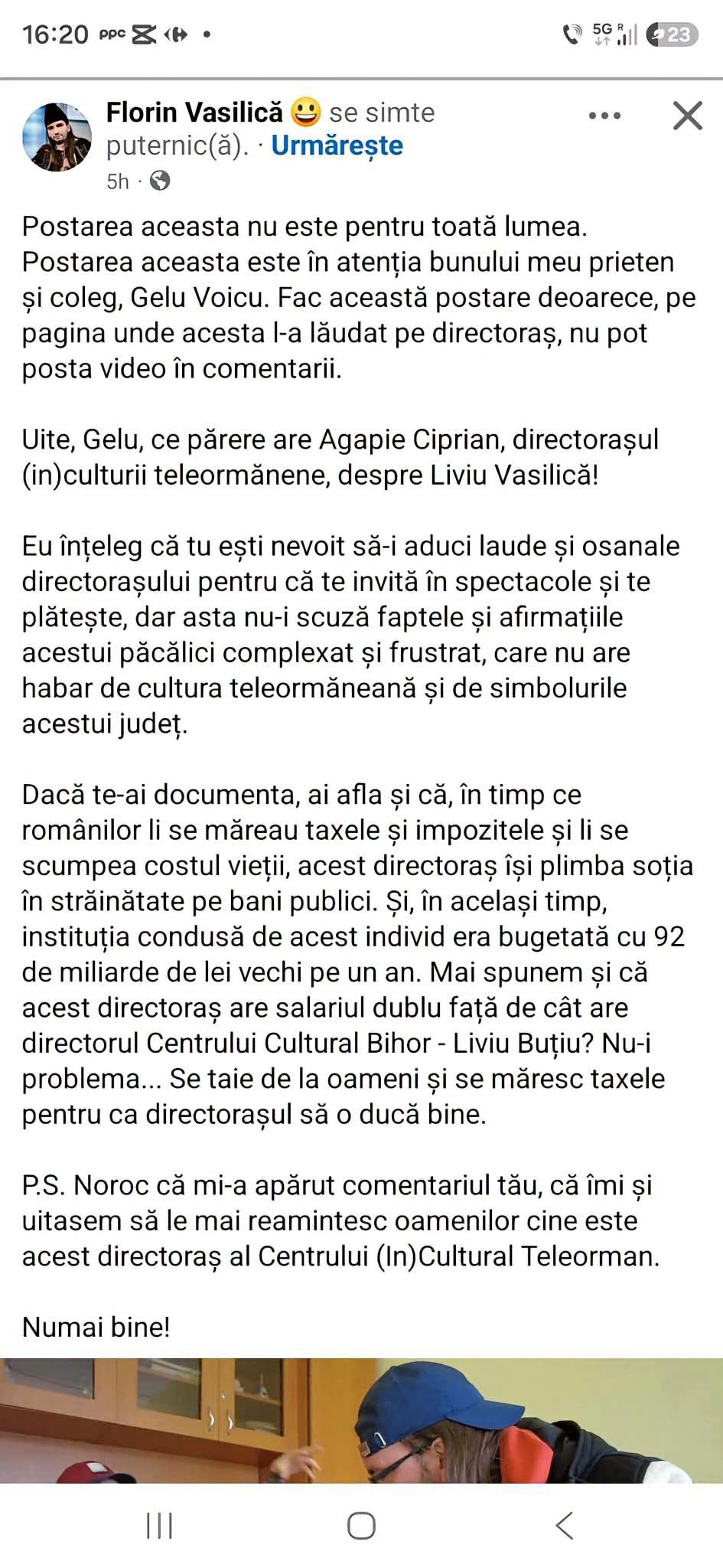 Postarea pe care Florin Vasilică a făcut-o despre Gelu Voicu și pe care a șters-o ulterior