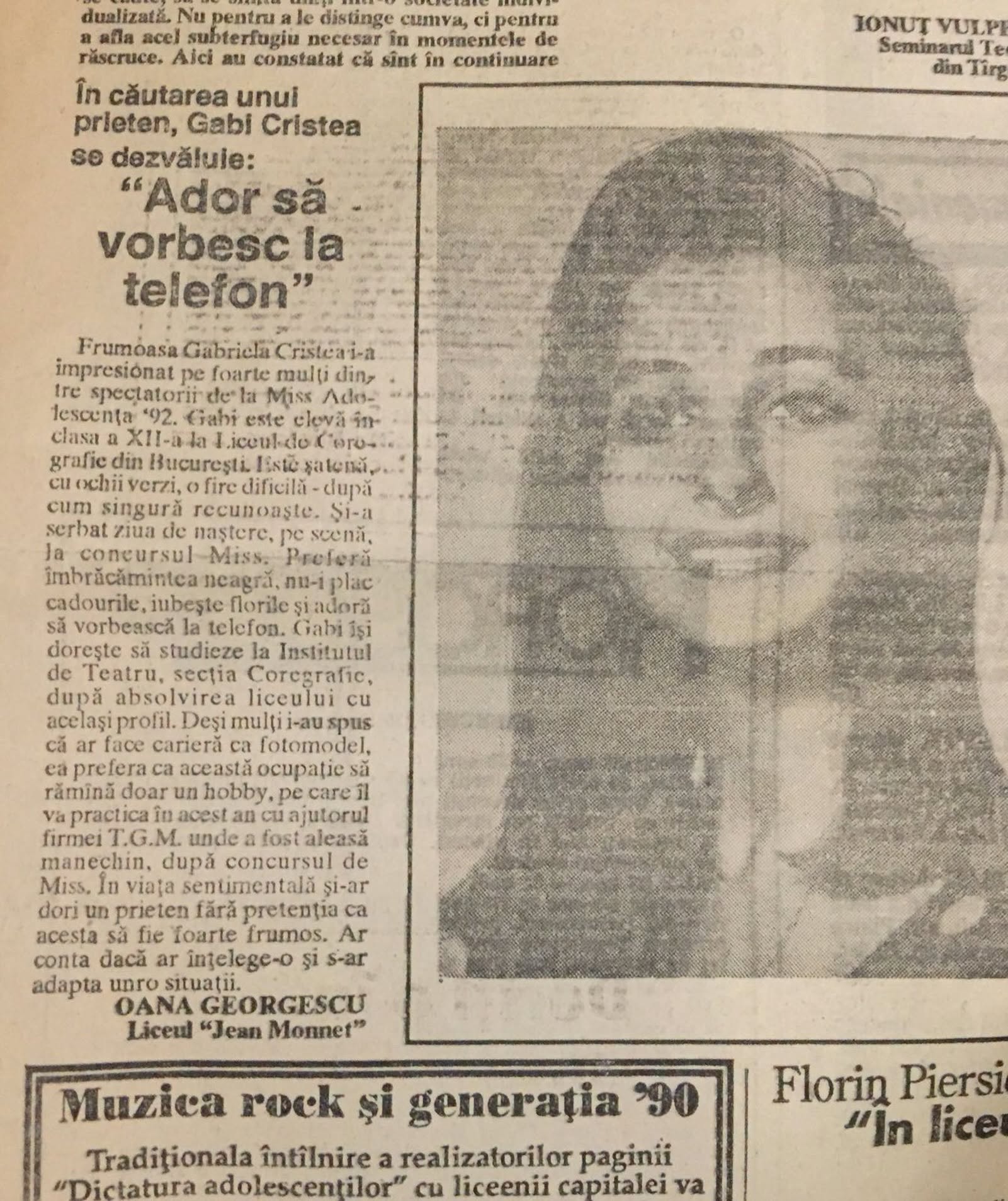 Pagină a unui ziar vechi în care apare un articol despre Gabriela Cristea în 1993 și o poză alb-negru cu ea de la acel moment