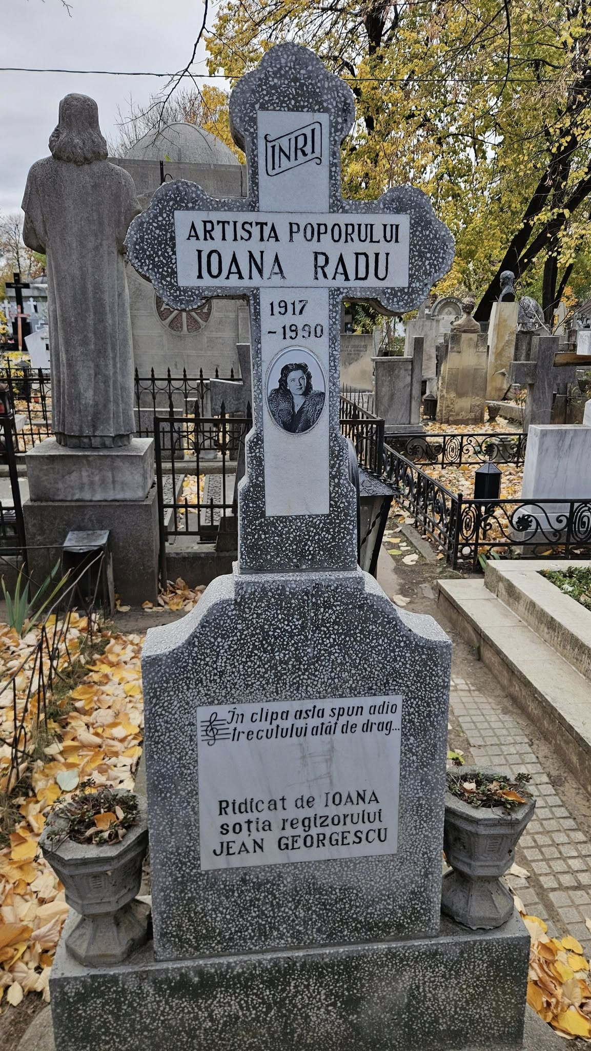 Morm&acirc;ntul Ioanei Radu din Cimitirul Bellu, &icirc;nconjurat de flori și frunze uscate