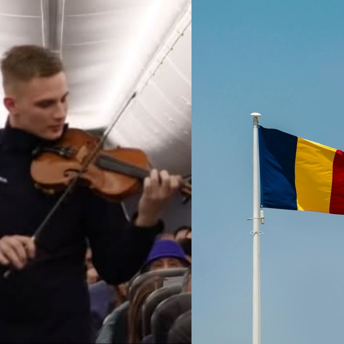 Marius, un tânăr jandarm de 21 de ani a emoționat toată țara după ce a cântat imnul la vioară, în timpul unui zbor cu avionul