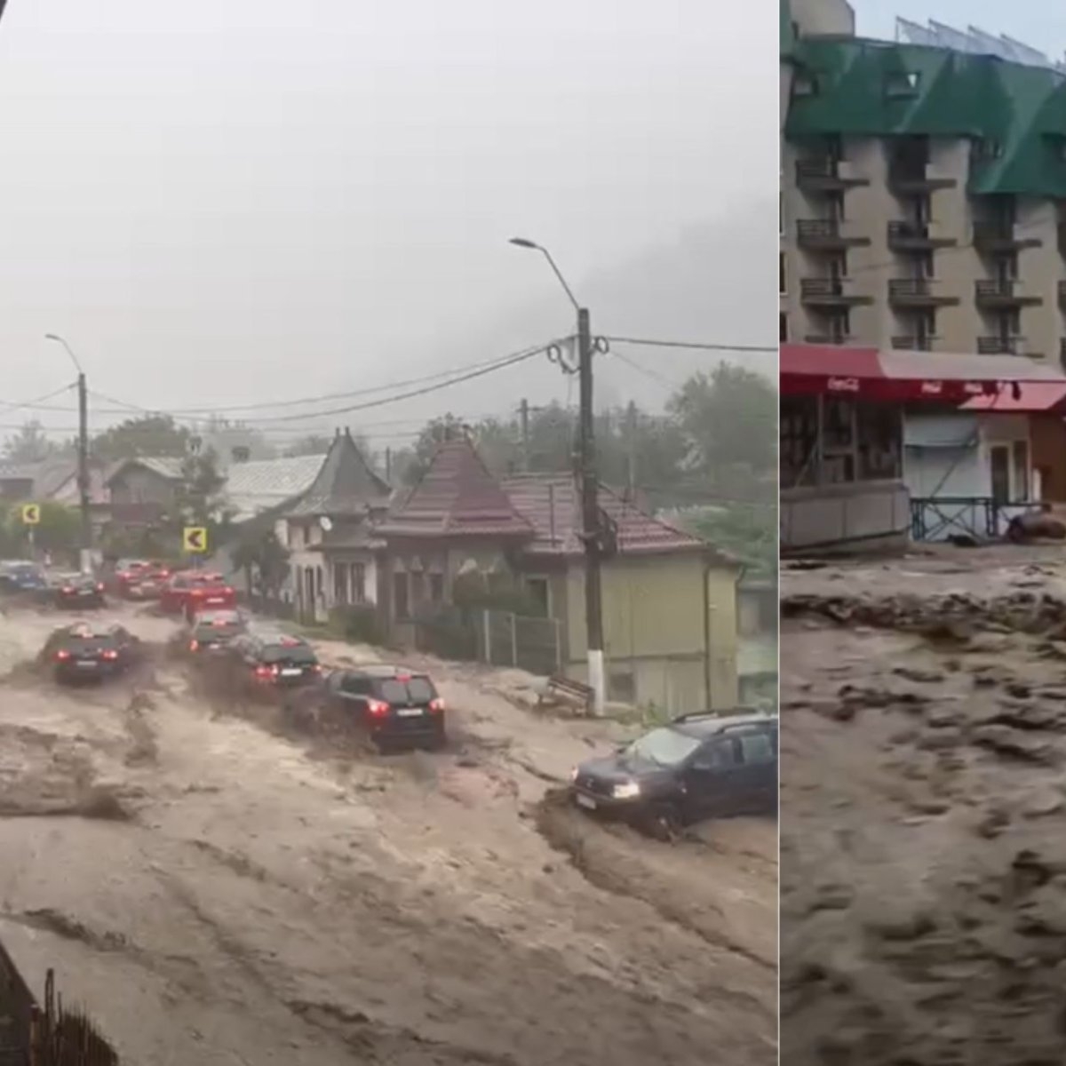 Imagini dramatice cu inundațiile din Bușteni. Mașinile au fost luate pe sus de șuvoaie, iar zeci de gospodării au fost evacuate