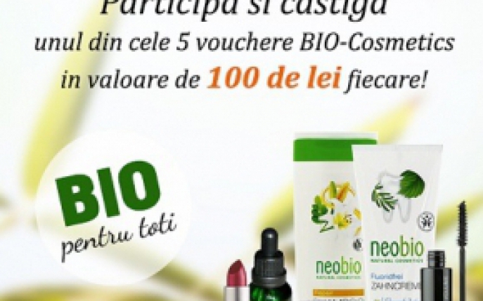 Castiga unul din cele 5 vouchere BIO-Cosmetics in valoare de 100 de lei fiecare