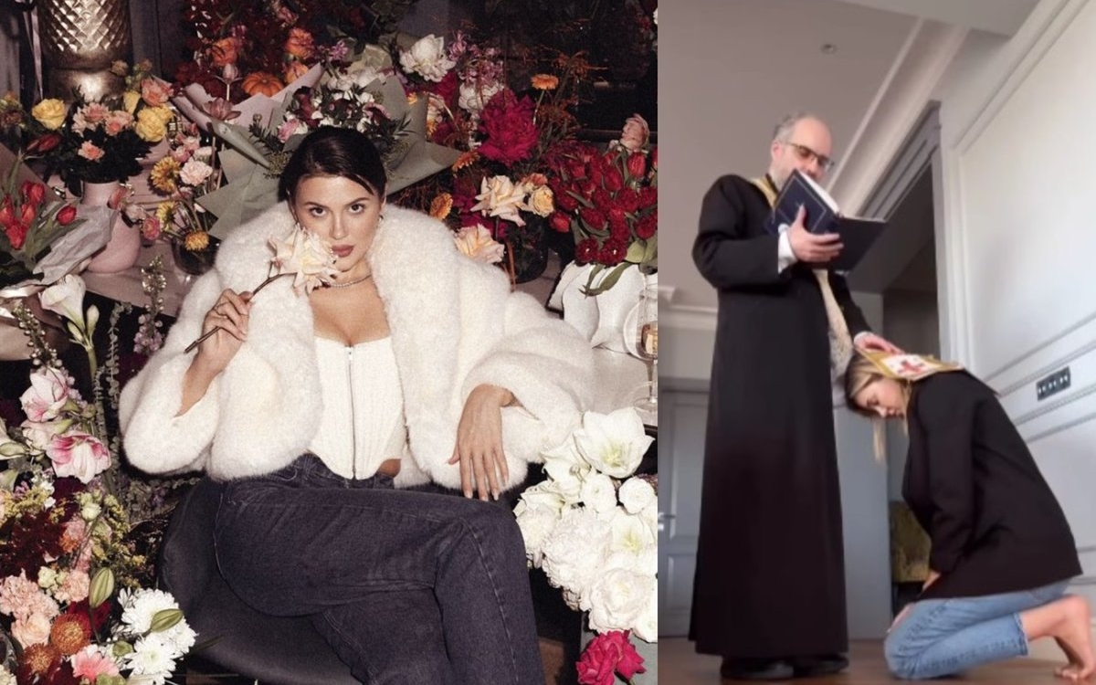 Emily Burghelea, ținta criticilor pe internet. S-a filmat în timp ce stătea în genunchi în fața preotului