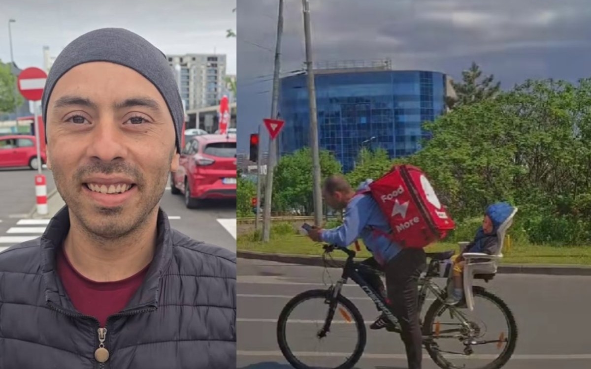 Un tată de 29 de ani a fost surprins în timp ce făcea livrări, pe bicicletă, cu fiul lui în scaun. Povestea emoționantă și dureroasă care a înduioșat internetul