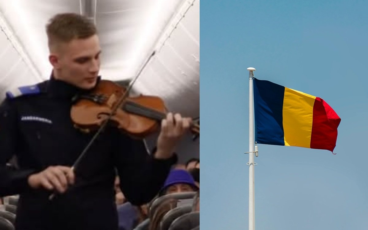 Marius, un tânăr jandarm de 21 de ani a emoționat toată țara după ce a cântat imnul la vioară, în timpul unui zbor cu avionul